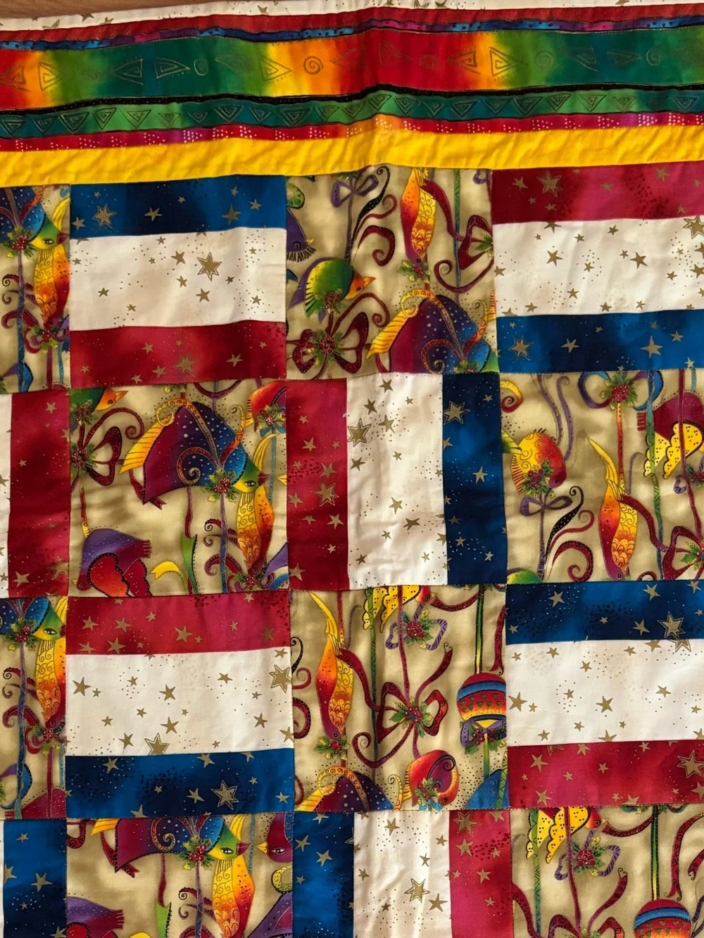 Handmade Laurel Burch Quilt - Patriotic Americana Patchwork Throw 58x58 Cabin